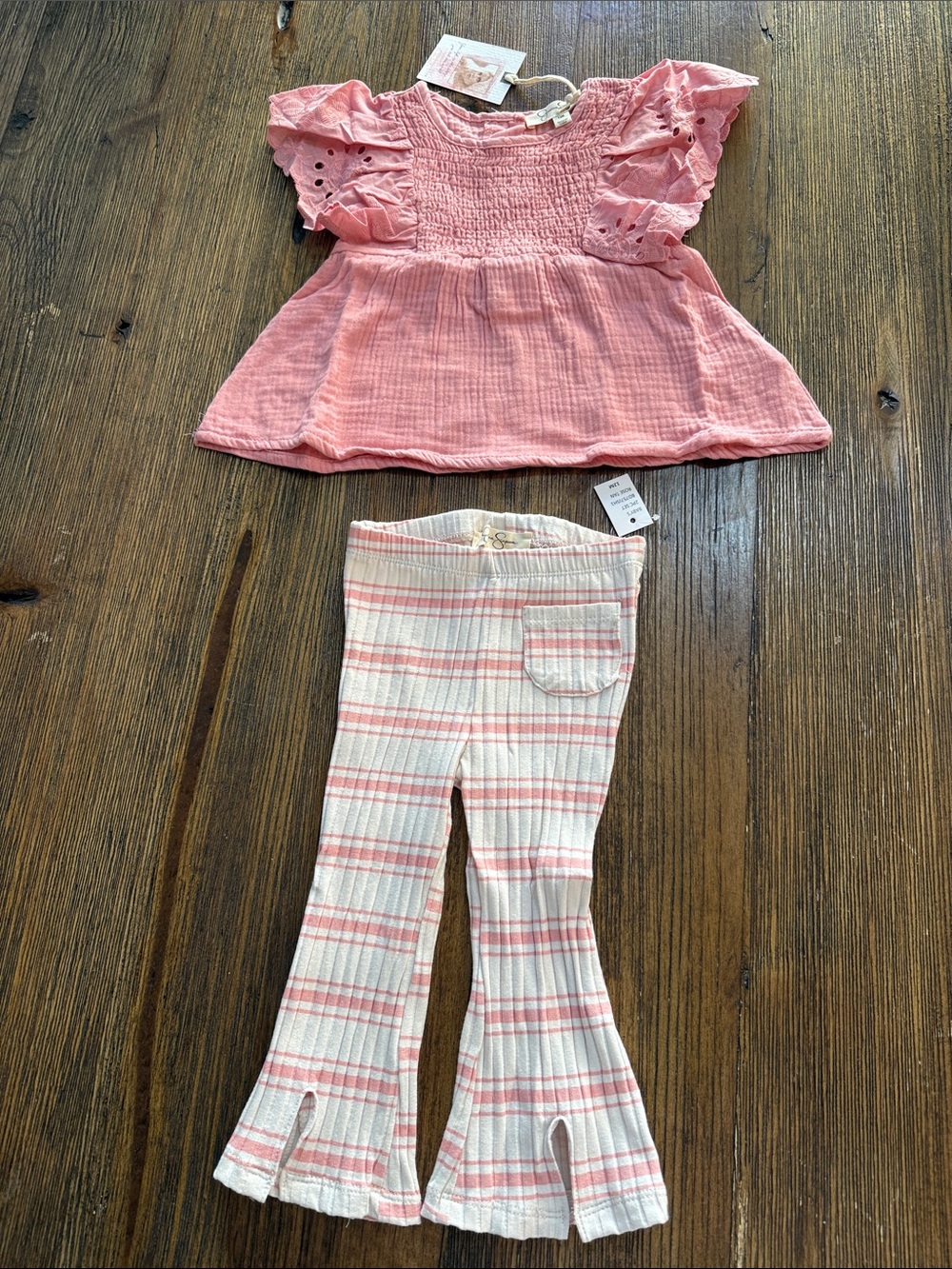 Jessica Simpson Pink Flutter Sleeve Top & Cream Pink Striped Flare Pants Set